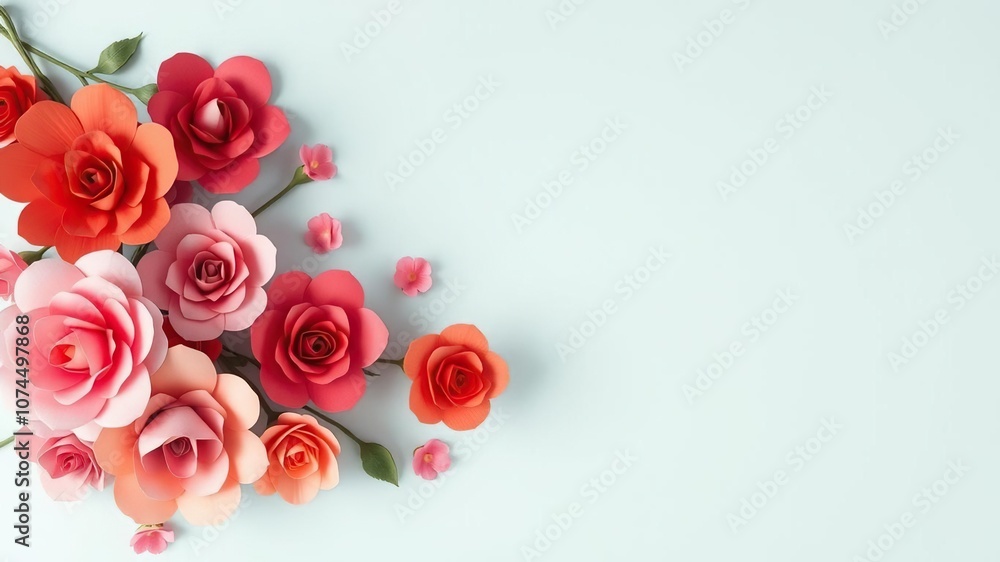 Backdrop of colorful paper roses in various shades of pink, red, and orange, vibrant, craft Backdrop of colorful paper roses in various shades of pink, red, and orange, vibrant, craft