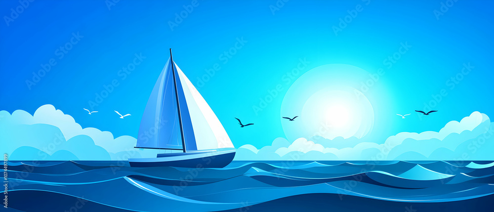 Naklejka premium Sailboat on the ocean with blue sky and clouds.