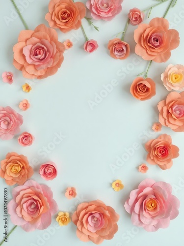 Backdrop of colorful paper roses in shades of pink, orange, and yellow, DIY, creative