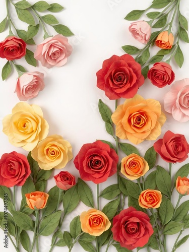 Backdrop of colorful paper roses in shades of pink, red, yellow, and orange with green leaves, background, flowers