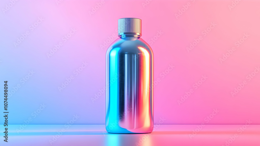 Metallic Bottle in Neon Lights 3D Render Metallic Bottle in Neon Lights 3D Render