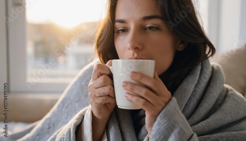 Close-up of a woman just waking up, holding her first cup of coffee of the day, wrapped in a blanket