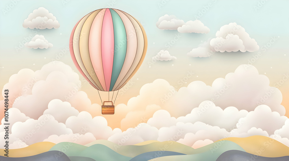 Fototapeta premium Colorful hot air balloon flying over clouds and mountains in a paper art style.
