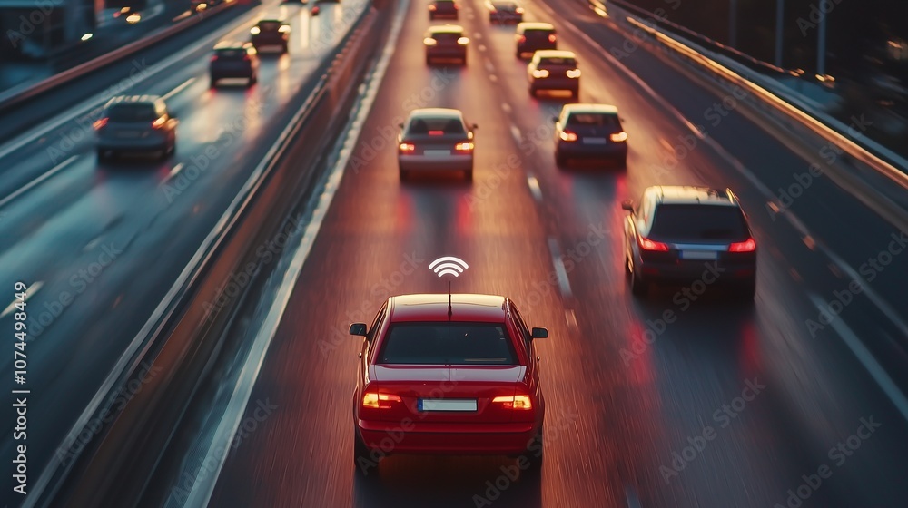 Autonomous cars on a highway, showcasing smart transportation with connectivity and safety. Autonomous cars on a highway, showcasing smart transportation with connectivity and safety.