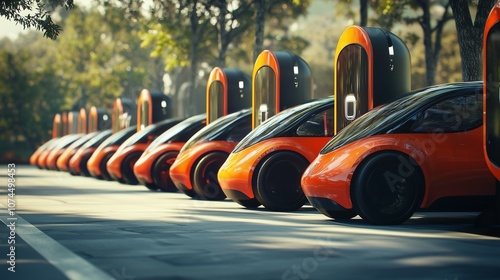 Row of electric vehicles charging, symbolizing eco-friendly transportation.