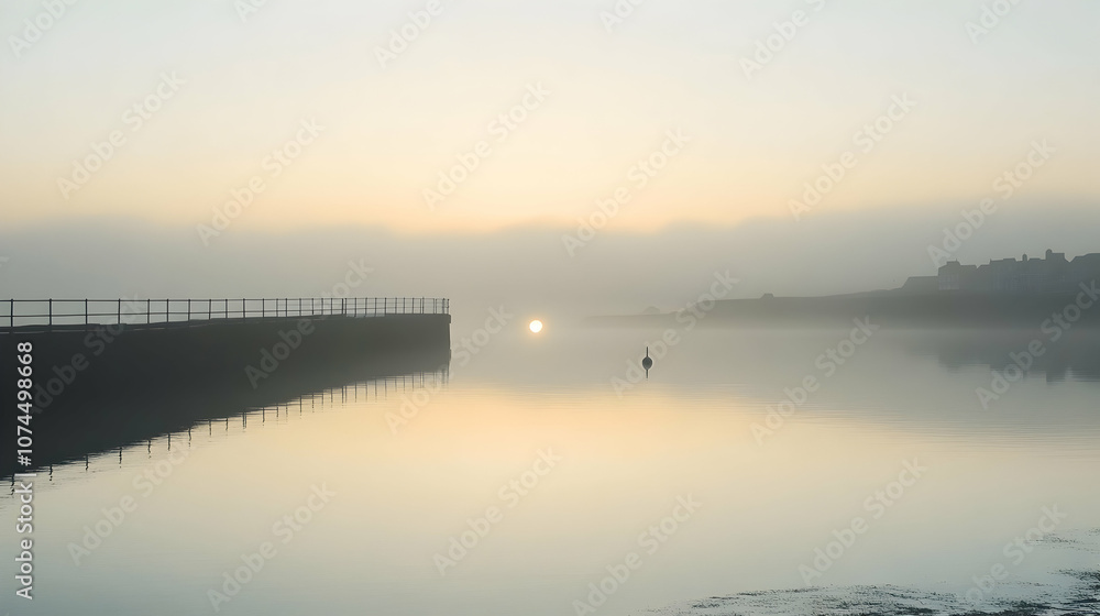 A misty sunrise over a calm body of water, with a pier jutting out into the water. A misty sunrise over a calm body of water, with a pier jutting out into the water.