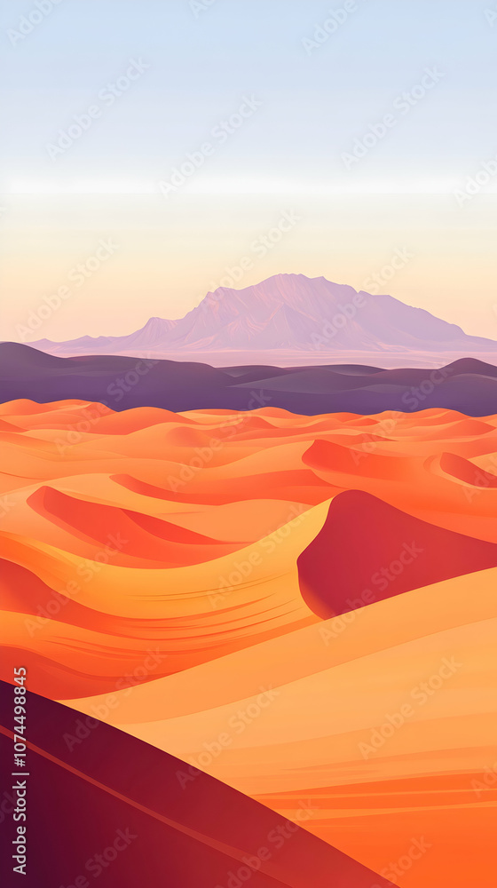 A vibrant desert landscape with rolling sand dunes and a mountain range in the distance under a pale blue sky. A vibrant desert landscape with rolling sand dunes and a mountain range in the distance under a pale blue sky.