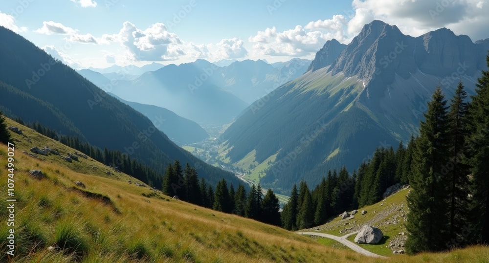 Obraz premium Tatra Mountains, Slovakia-Poland border, snow-capped peaks with pine forests under blue skies, showcasing the scenic and wild beauty of Europe’s Carpathians.