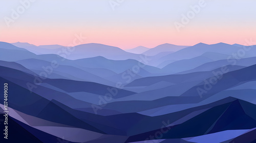 Abstract polygonal landscape of blue and purple mountains at sunset.