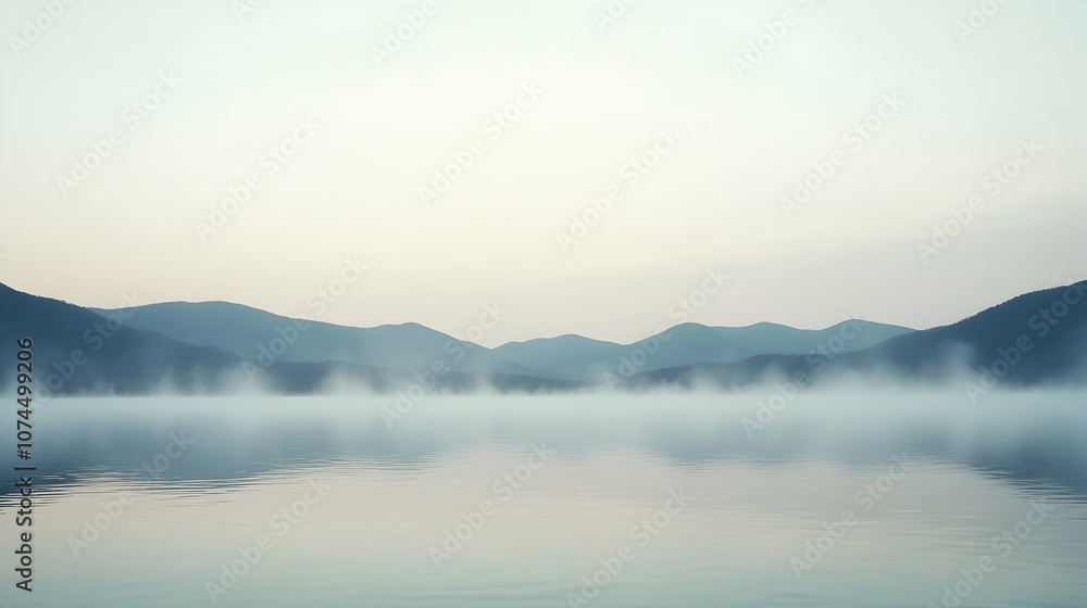 Fototapeta premium Misty morning view of a tranquil lake with distant mountains.