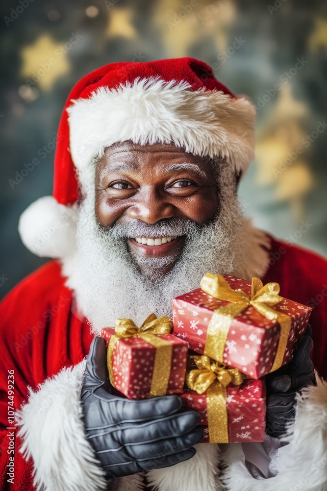 Portrait of smiling African American Santa Claus holding a gift on a blurred background with space for text, vertical Portrait of smiling African American Santa Claus holding a gift on a blurred background with space for text, vertical