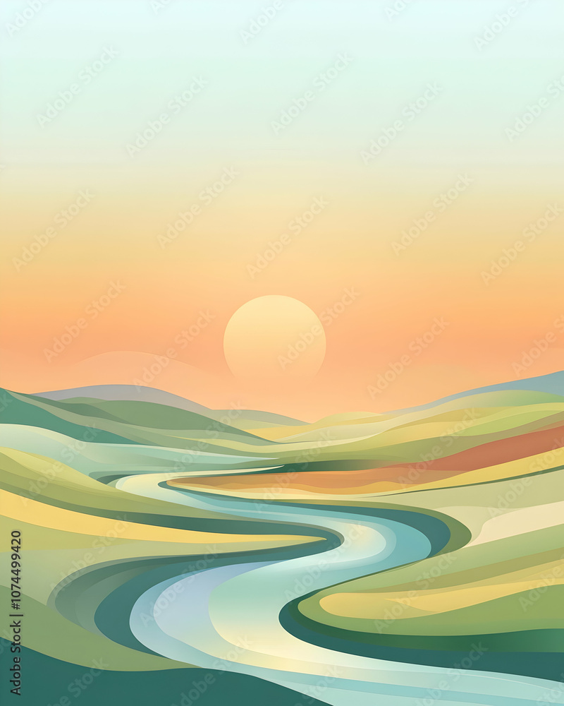 Obraz premium Abstract illustration of a winding river flowing through a valley at sunset.