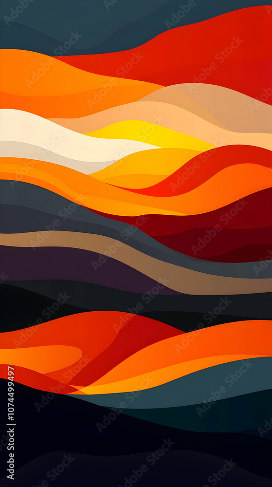 Abstract wave pattern in orange, red, yellow, and blue tones, resembling a sunset or sunrise.