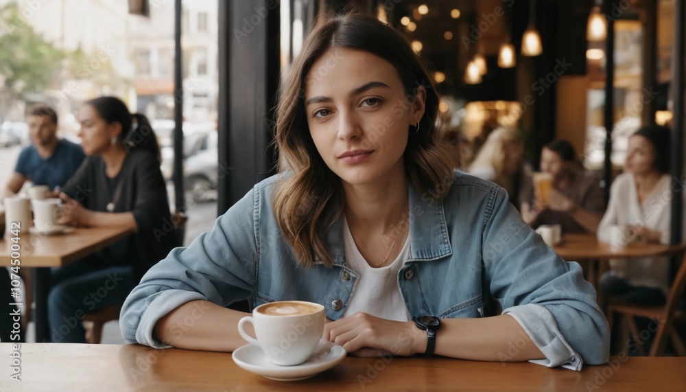 A woman dressed in trendy, casual clothing, sitting at a cafe table, holding a coffee cup with both hands A woman dressed in trendy, casual clothing, sitting at a cafe table, holding a coffee cup with both hands
