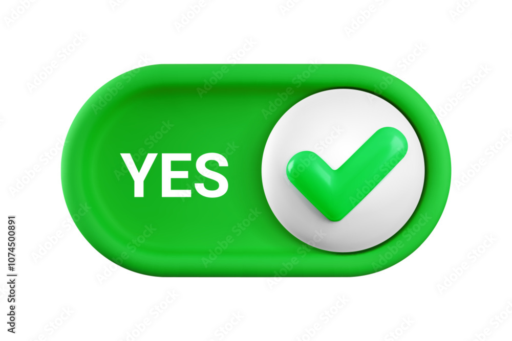 Vector cartoon 3d turn on switch button. Cute realistic 3d green toggle switch slider with shiny yes checkmark icon and text YES. Setting toggle design element for mobile app interface, web, game. Vector cartoon 3d turn on switch button. Cute realistic 3d green toggle switch slider with shiny yes checkmark icon and text YES. Setting toggle design element for mobile app interface, web, game.
