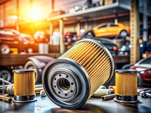 High Depth of Field Image of a Fuel Filter Surrounded by Various Automotive Components, Showcasing Intricate Details and Textures in a Clean Environment photo