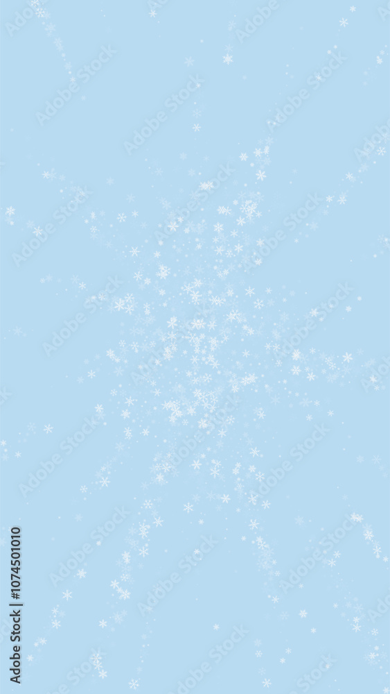 Snowy christmas background. Subtle flying snow flakes and stars on light blue winter backdrop. Delicate sweet snowy christmas. Vertical vector illustration. Snowy christmas background. Subtle flying snow flakes and stars on light blue winter backdrop. Delicate sweet snowy christmas. Vertical vector illustration.