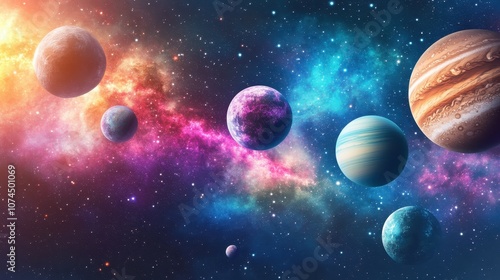 Dynamic outer space illustration showcasing planets and galaxy with vibrant colors and ethereal beauty.