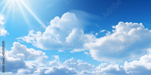 Bright Sun Rays Illuminating a Clear Blue Sky with Fluffy White Clouds, Capturing a Calm and Sunny Day