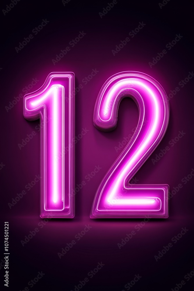 Purple Neon Glowing Number Twelve, Illuminated Numeral 12, On Dark Background, With Copy Space Purple Neon Glowing Number Twelve, Illuminated Numeral 12, On Dark Background, With Copy Space