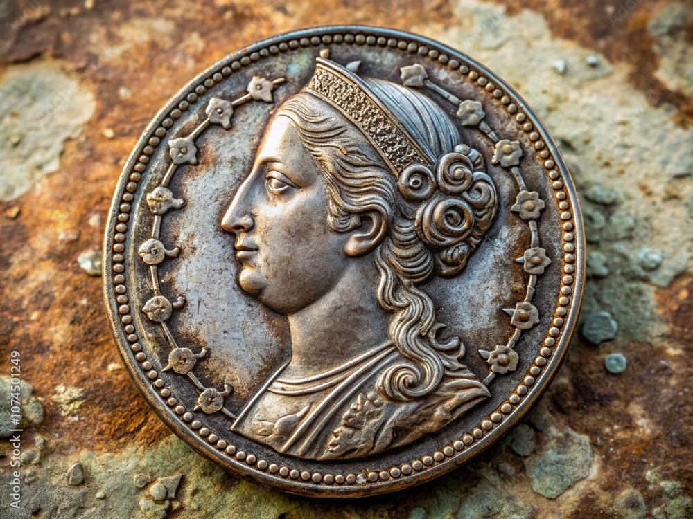 Historical Coin of Portuguese India from the Reign of Maria II, Queen of Portugal, 19th Century - A Detailed Documentary Photography of Cultural Heritage Historical Coin of Portuguese India from the Reign of Maria II, Queen of Portugal, 19th Century - A Detailed Documentary Photography of Cultural Heritage