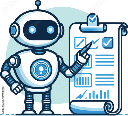 A robot with AI symbol holding data charts and documents points to a checklist on a scroll. Ideal for technology, artificial intelligence, data analysis, automation, and innovation. Simple vector art 