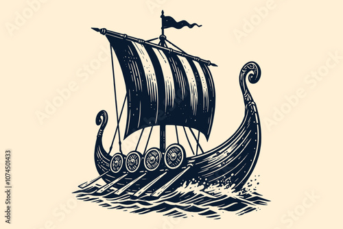 Viking ship. Old hand drawn vector illustration, ink sketch, print, tattoo, isolated cut out