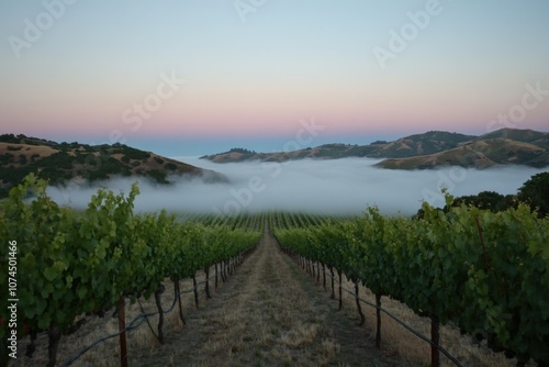 Fog Over Vineyard at Dawn: A vineyard in the early hours