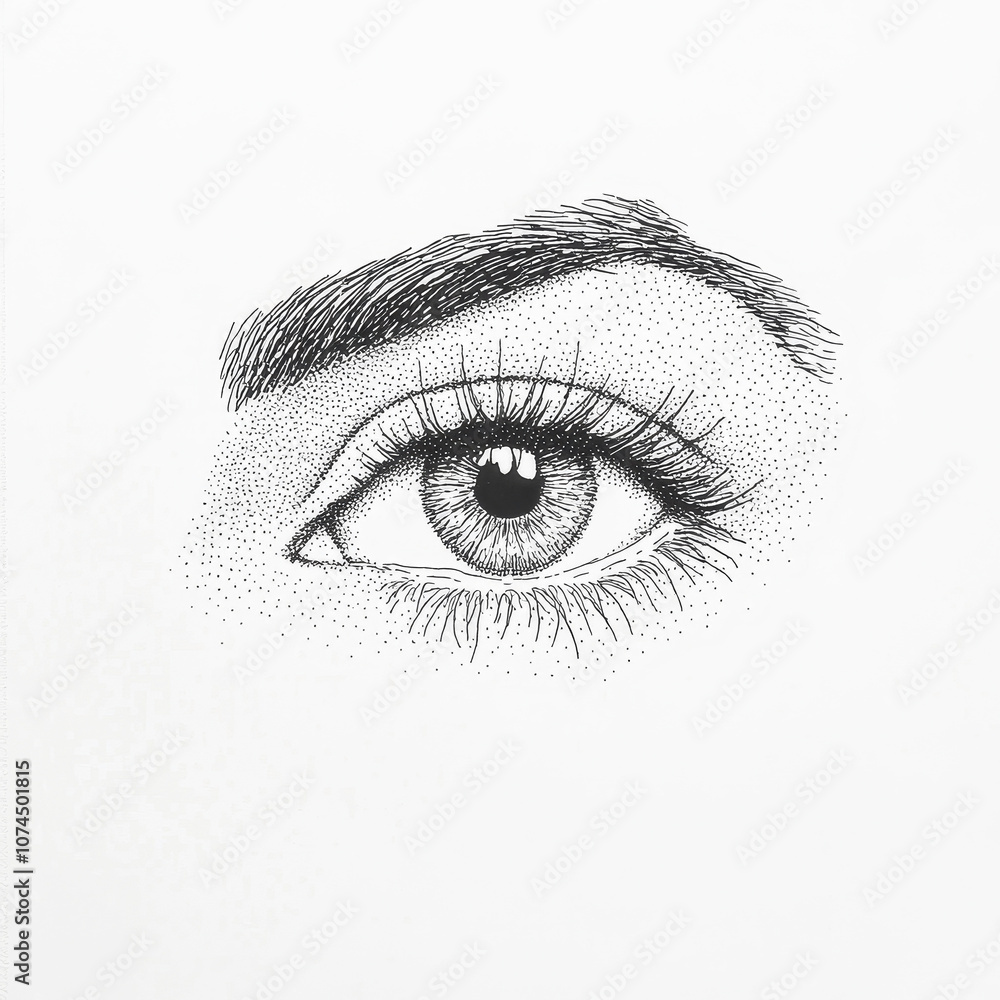 Intricate black ink line drawing of a human eye on white background Intricate black ink line drawing of a human eye on white background