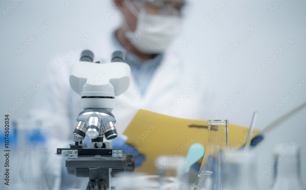 Scientist or Medical worker use microscope look microbiological analyze developmental of viral and Biotechnology research in science lab biochemical samples in advanced scientific laboratory Scientist or Medical worker use microscope look microbiological analyze developmental of viral and Biotechnology research in science lab biochemical samples in advanced scientific laboratory