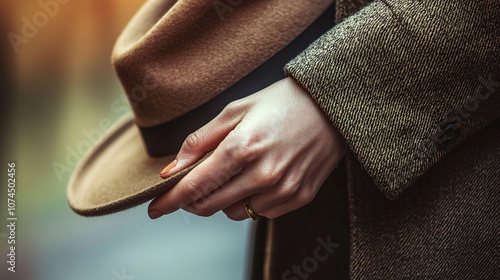 Hand displaying a stylish hat, fingers gently holding the brim to showcase the design. photo