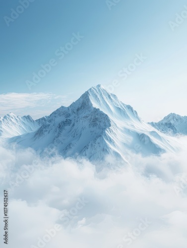 Majestic snow-capped mountain peak surrounded by soft white clouds against a clear blue sky.