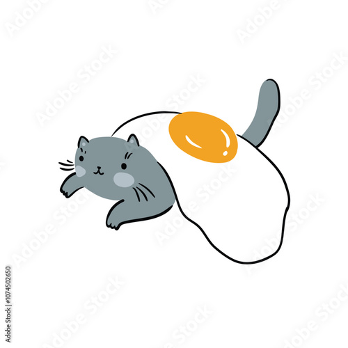 Cute cat and fried eggs isolated design element. Vector animal illustration. Baby cats sticker for cat lovers on white background. Kawaii cat and fried eggs t-shirt print design.