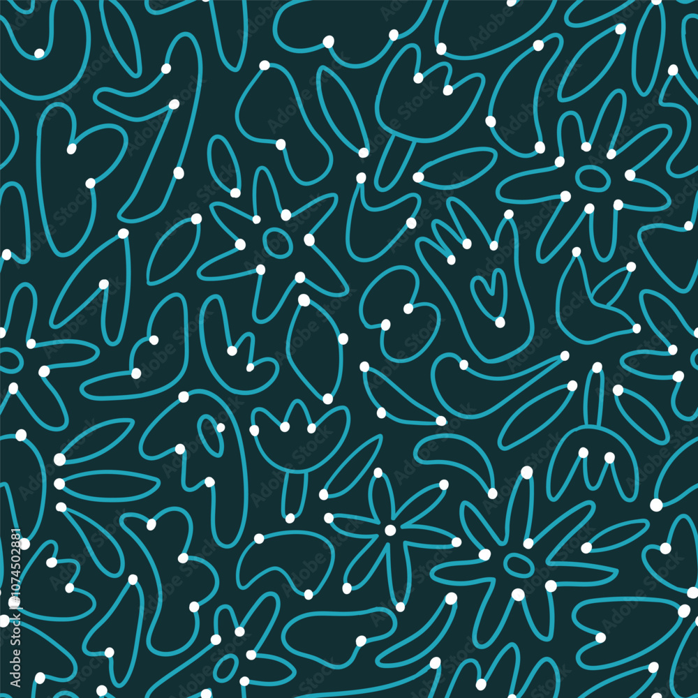 Naklejka premium Vector stylish abstract line seamless pattern. Blue lines and white dots on black background. Line art seamless fabric design. Hand-drawn linear wallpaper or wrapping paper.