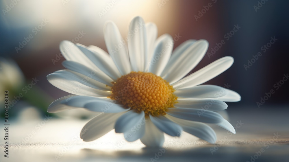 A close-up rendering of a daisy, with soft white petals and a yellow center. The background is softly blurred, creating a peaceful atmosphere A close-up rendering of a daisy, with soft white petals and a yellow center. The background is softly blurred, creating a peaceful atmosphere