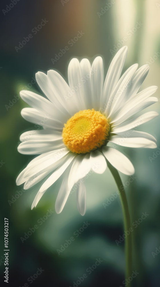 Obraz premium A rendering of a daisy, with soft white petals and a yellow center. The background is softly blurred in shades of green.