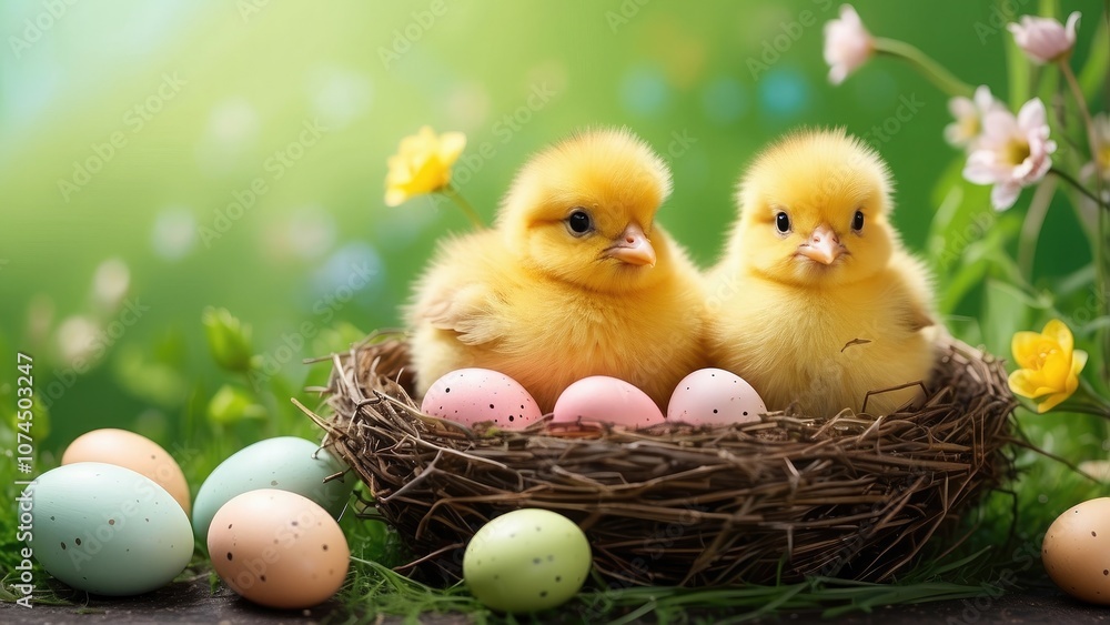 Easter chicks in a nest against a backdrop of green grass. Easter décor.- Easter chicks in a nest against a backdrop of green grass. Easter décor.-