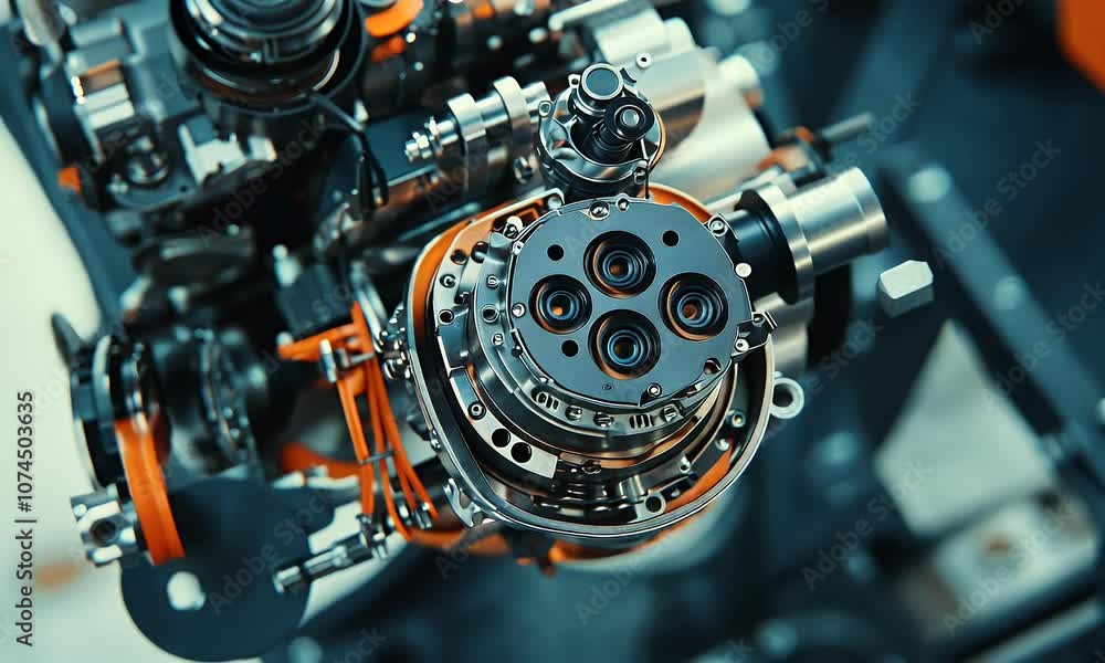 Close-up of a complex engine component showcasing intricate design and engineering. Close-up of a complex engine component showcasing intricate design and engineering.