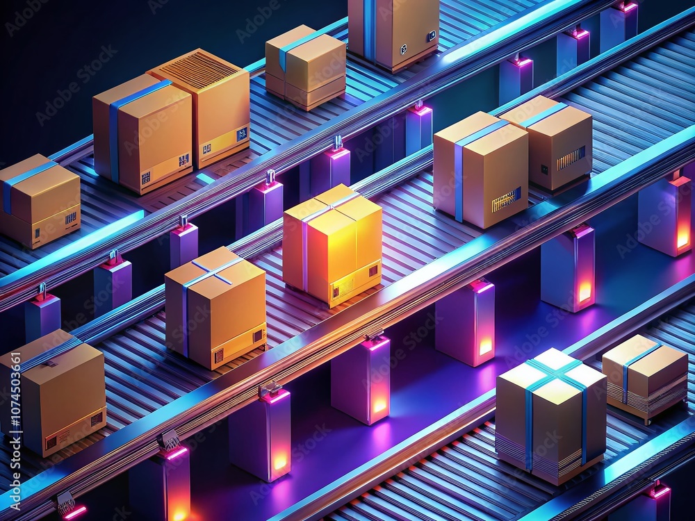 Isometric Night Photography of Cardboard Boxes on Conveyor Belt in Minimal Composition for Logistics, Delivery, and Online Order Tracking Concept Isometric Night Photography of Cardboard Boxes on Conveyor Belt in Minimal Composition for Logistics, Delivery, and Online Order Tracking Concept