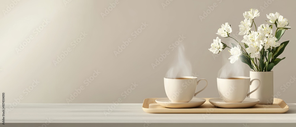 A cozy scene featuring two steaming cups of tea on a wooden tray, accompanied by a vase of white flowers against a soft, neutral background. A cozy scene featuring two steaming cups of tea on a wooden tray, accompanied by a vase of white flowers against a soft, neutral background.