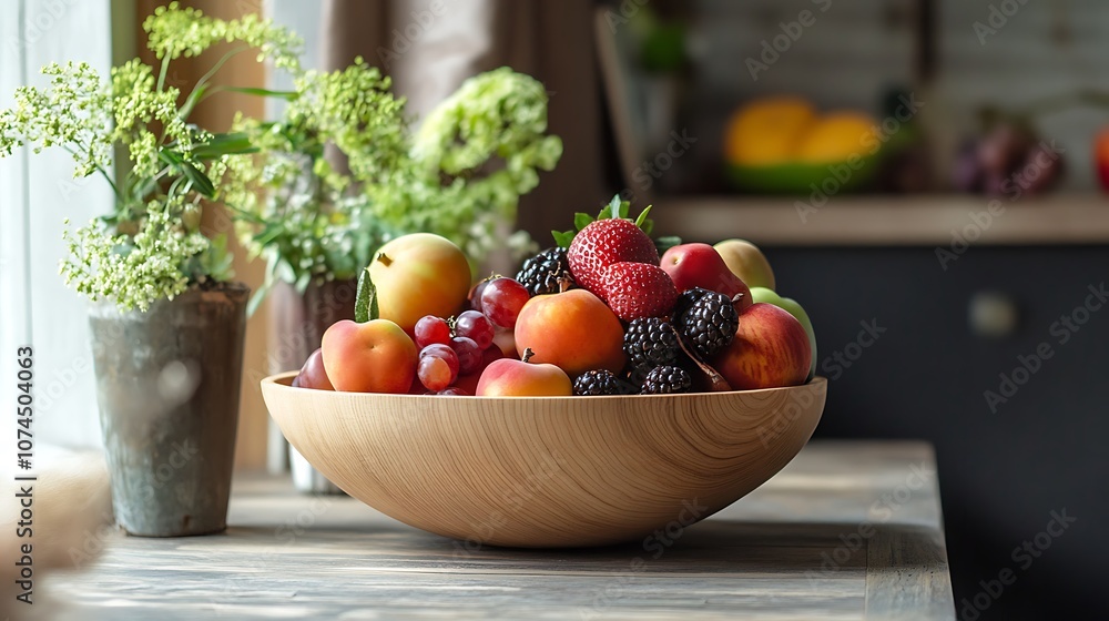 A wooden bowl filled with fruit, including ripe strawberries, blackberries, grapes, and peaches, sits on a rustic wooden table. A wooden bowl filled with fruit, including ripe strawberries, blackberries, grapes, and peaches, sits on a rustic wooden table.