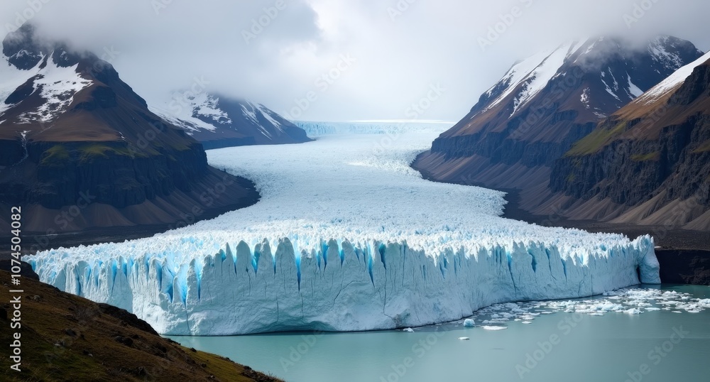 Obraz premium Patagonia Glacier, Argentina, vast blue glacier with jagged ice formations under clear sky, highlighting the raw and frozen beauty of Patagonia’s wilderness.