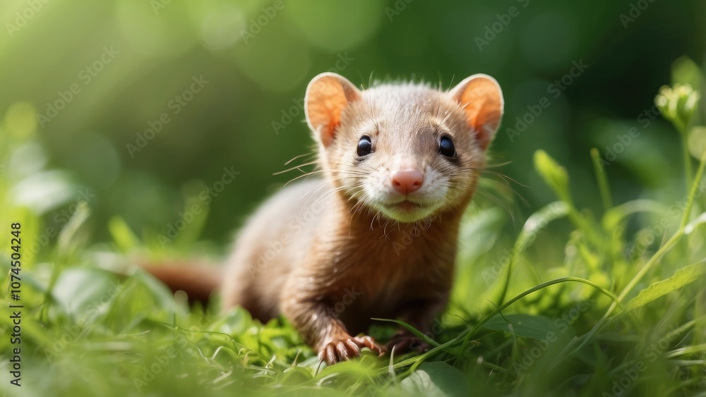 A cute tiny weasel on a nice summer day on green grass. A cute tiny weasel on a nice summer day on green grass.