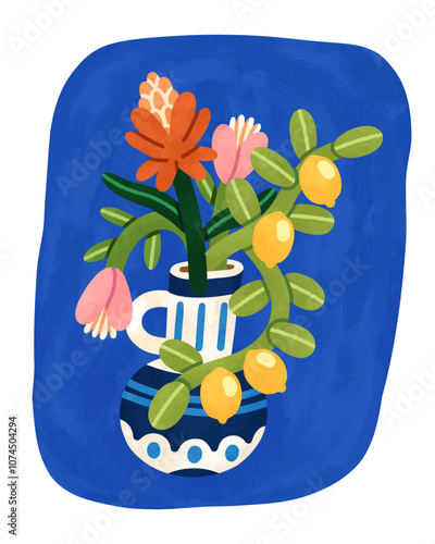 Flower vase card. Tropical bouquet with leaf plants, lemon fruits on branch, ...