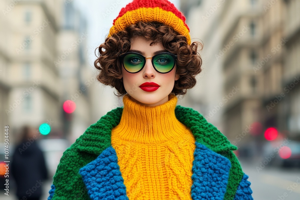 A woman in an eclectic outfit of cozy knitwear and casual-chic clothing, embodying a quirky and stylish character. Generative AI A woman in an eclectic outfit of cozy knitwear and casual-chic clothing, embodying a quirky and stylish character. Generative AI
