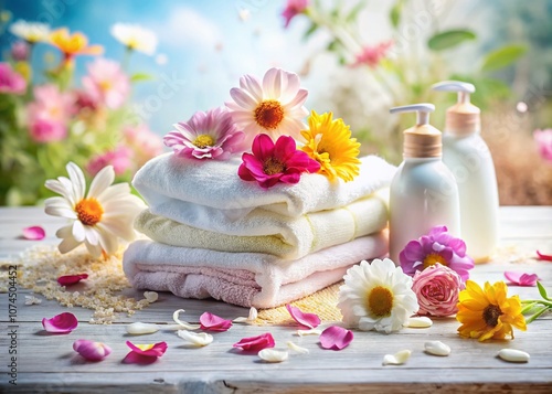 Long Exposure Capture of Vibrant Flowers and Delicate Petals on Freshly Laundered Towels with a Softener Aroma, Evoking Cleanliness and Nature's Beauty