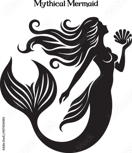 Mermaid vector illustration design template. A graceful mermaid with flowing hair and shimmering tail, symbolizing mystery and allure.