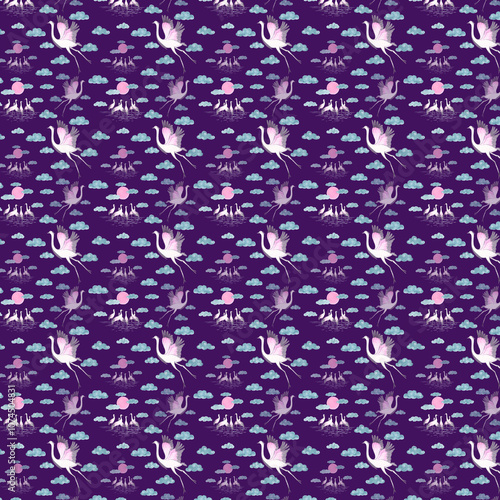 10 Seamless Pattern Set, Watercolor birds, Scrapbook Paper, pattern Fabric, Beautiful Backgrounds, White birds ,background of purple colors, birds fly
