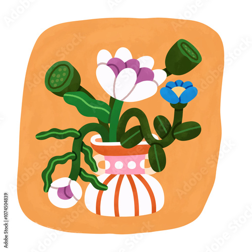 Flower bouquet in vase. Floral composition, blooming plants, leaf branches, s...