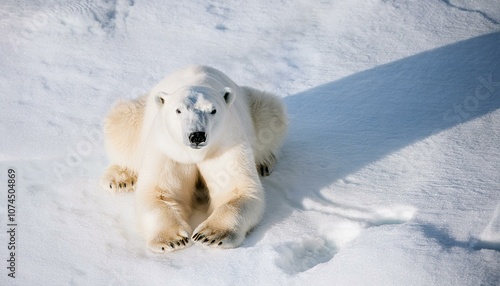 A polar bear lying in the snowy environment